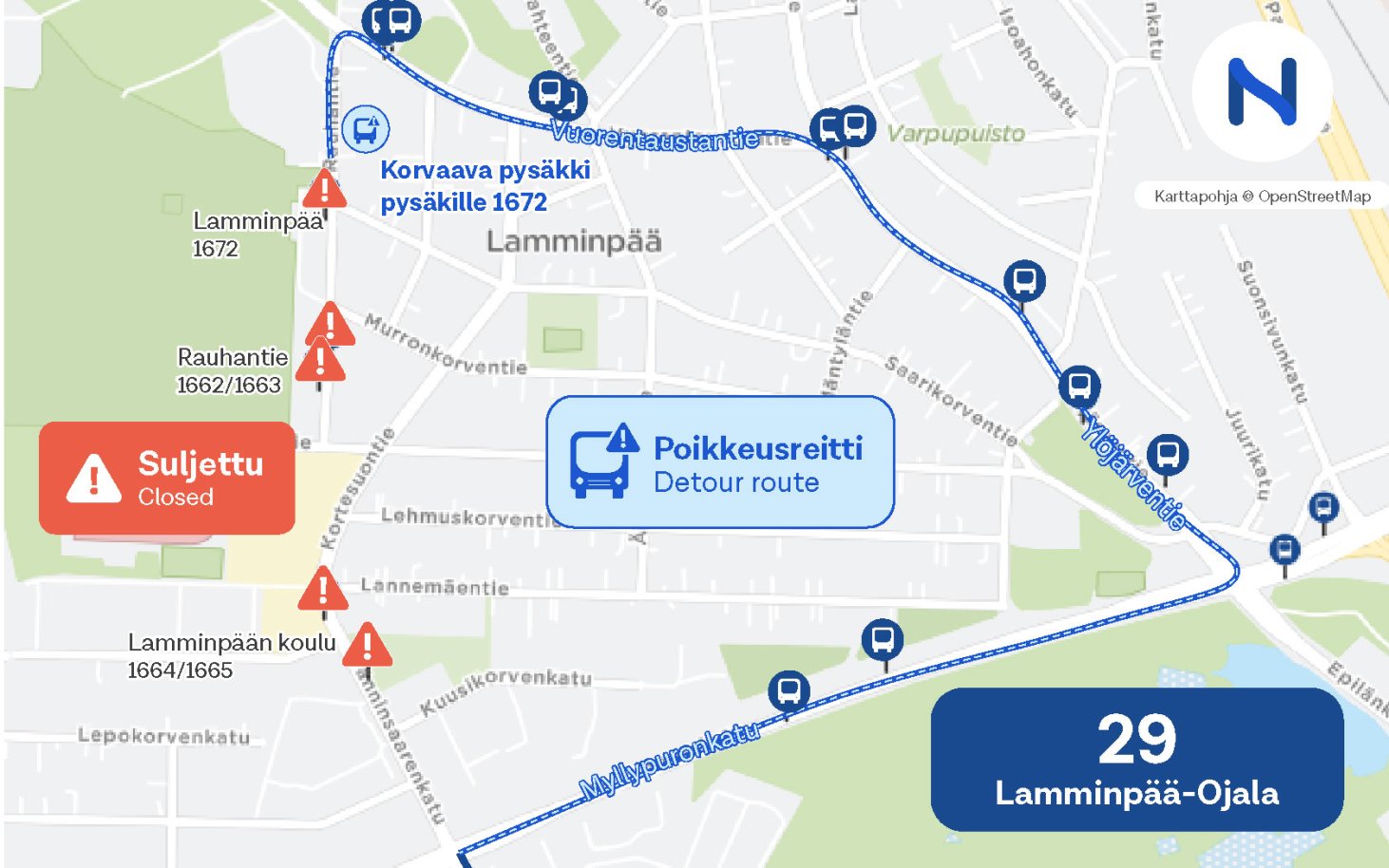 Karttakuva reittimuutoksesta.