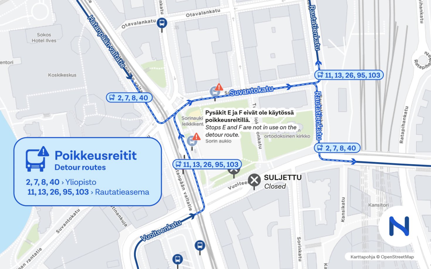 Karttakuva pysäkkimuutoksesta.