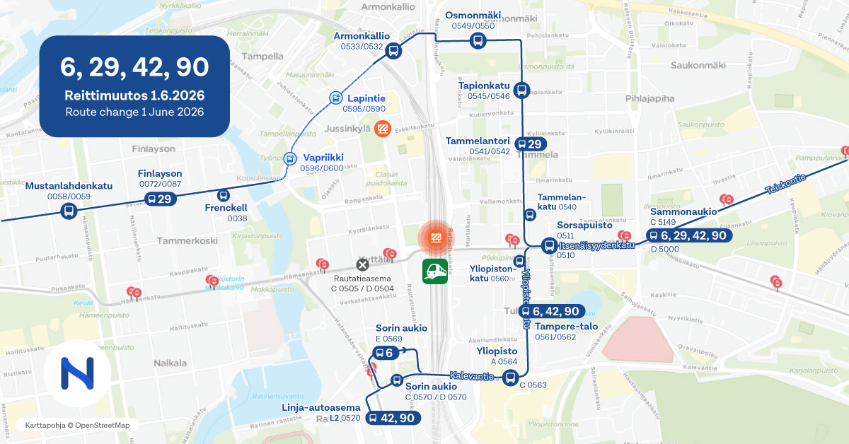 Uudet bussireitit 6, 29, 42 ja 90 kartalla.