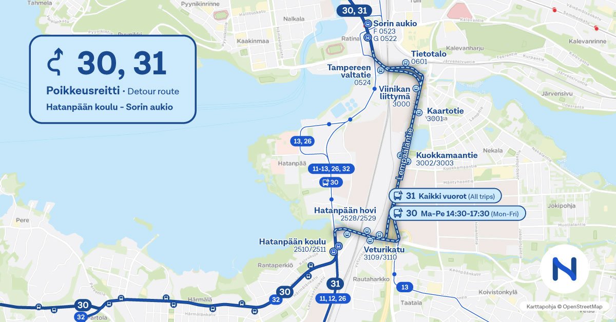 Kartalla näkyy linjojen 30 ja 31 poikkeusreitti ja pysäkit.
