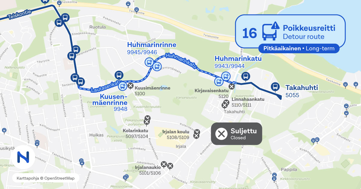 Linjan 16 poikkeusreitti kartalla.