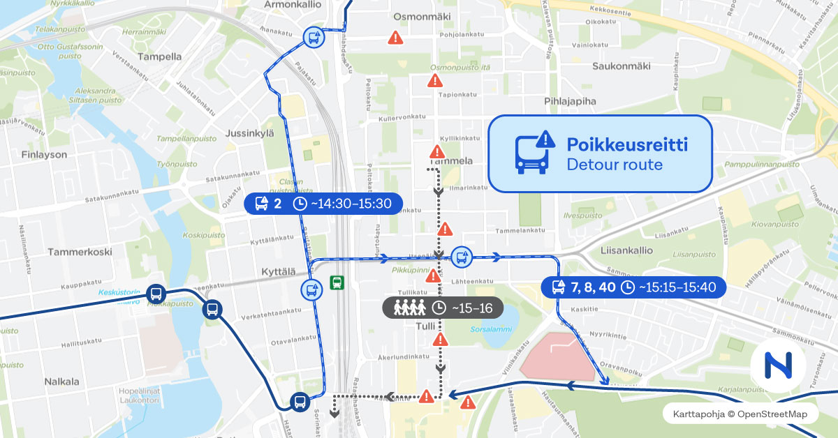 Kulkueen aikaiset poikkeusreitit kartalla.