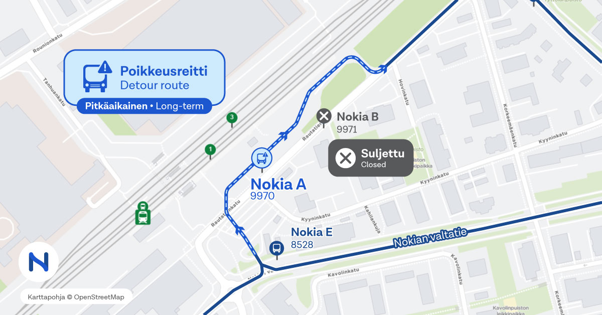 Nokian uusi pysäkki ja bussireitti kartalla.