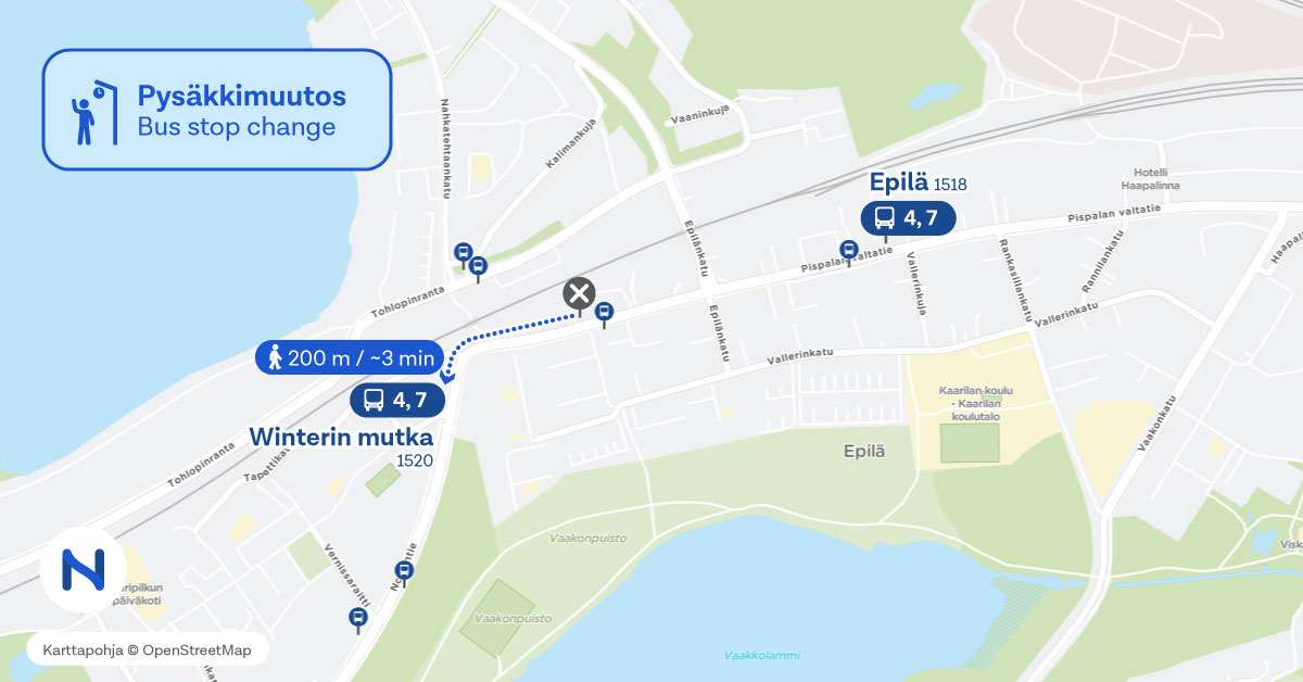 Pysäkin uusi paikka kartalla.