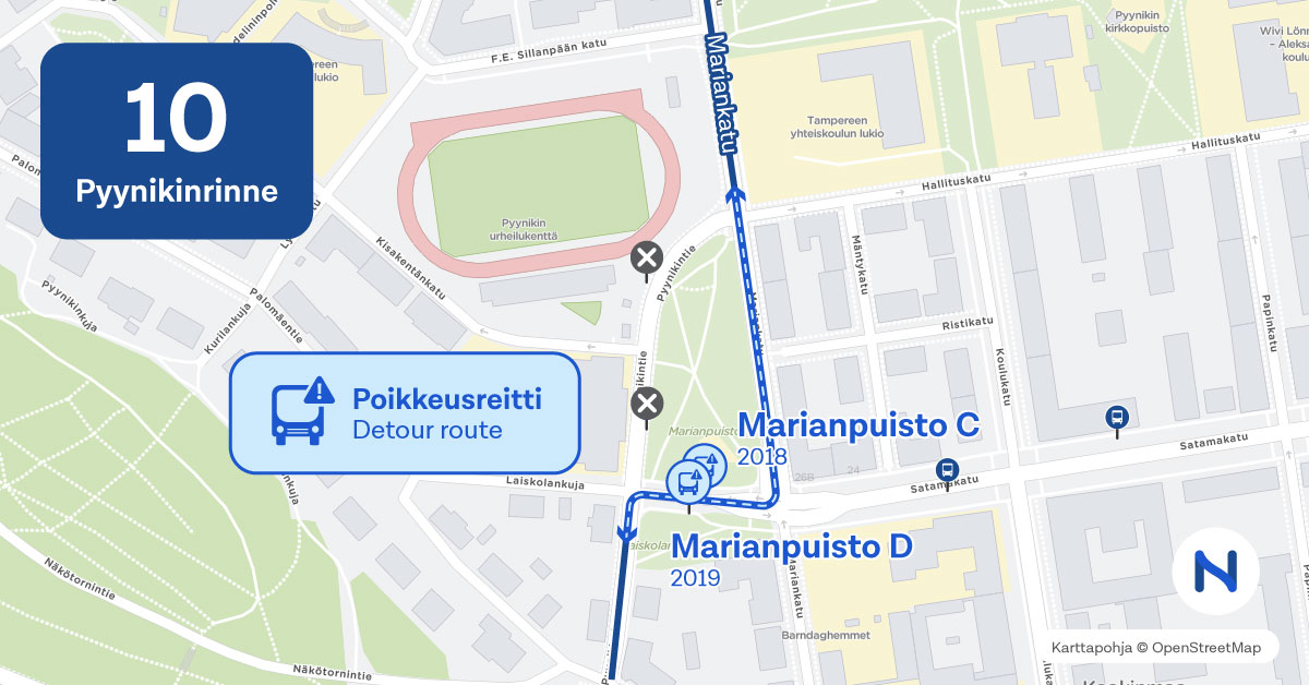 Linjan 10 poikkeusreitti ja pysäkit kartalla.