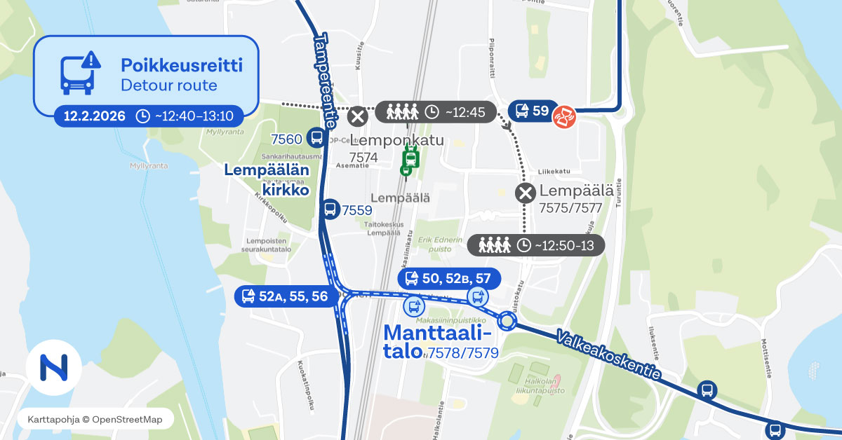 Poikkeusreitti ja pysäkit kartalla.