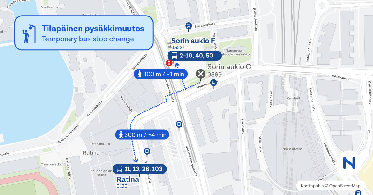 Tilapäinen pysäkkimuutos kartalla.