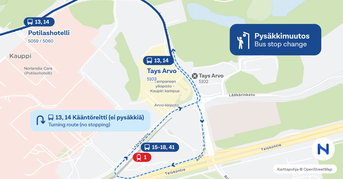 Linjojen 13 ja 14 reitti kartalla.