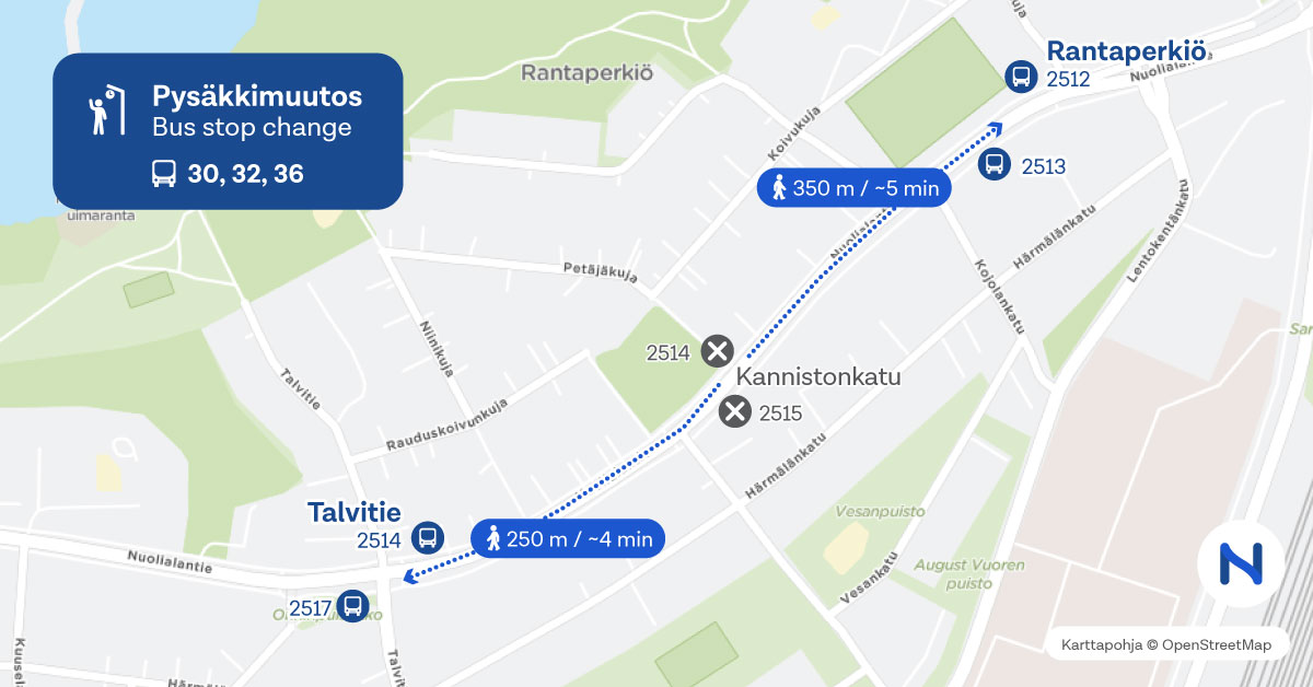 Rantaperkiön alueen pysäkit kartalla.