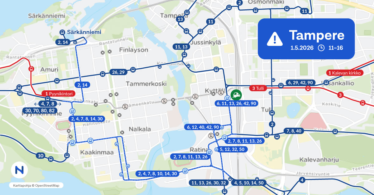 Vappupäivän poikkeusreitit kartalla.