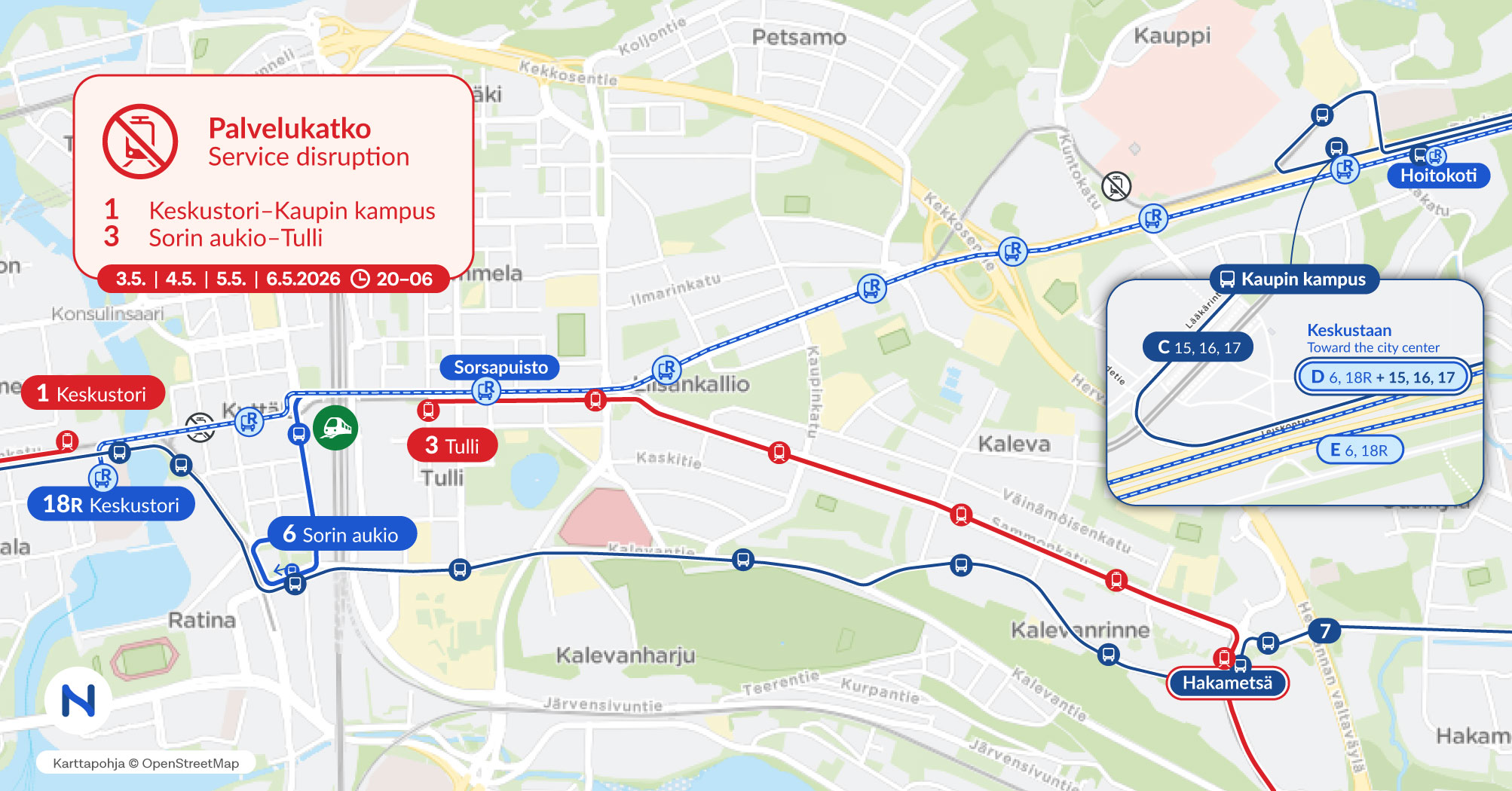 Ratikan poikkeusreitit ja bussilinja 18R kartalla.