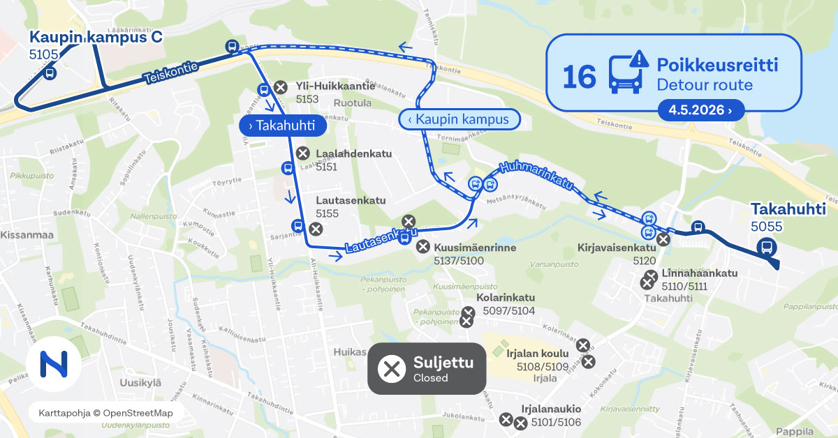 Linjan 16 poikkeusreitti ja pysäkit kartalla.