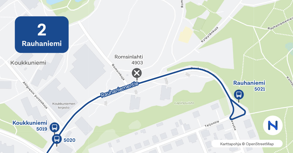 Koukkuniemen ja Rauhaniemen pysäkit ja bussireitti kartalla.