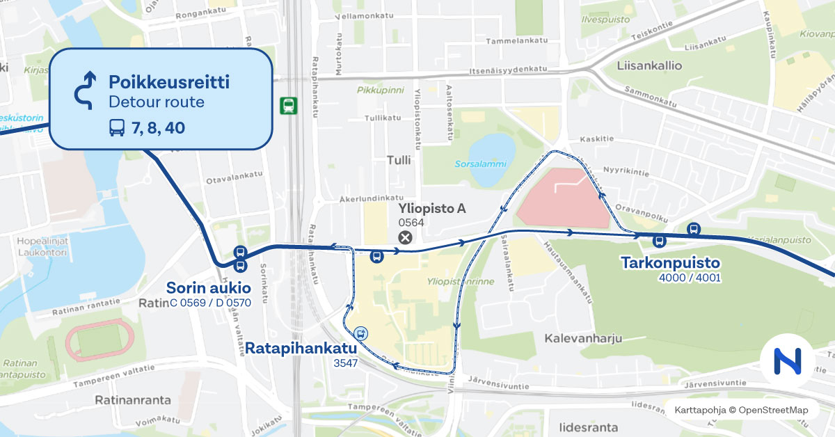 reitit ja pysäkit kartalta.