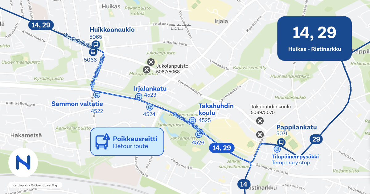 reitit ja pysäkit kartalta.