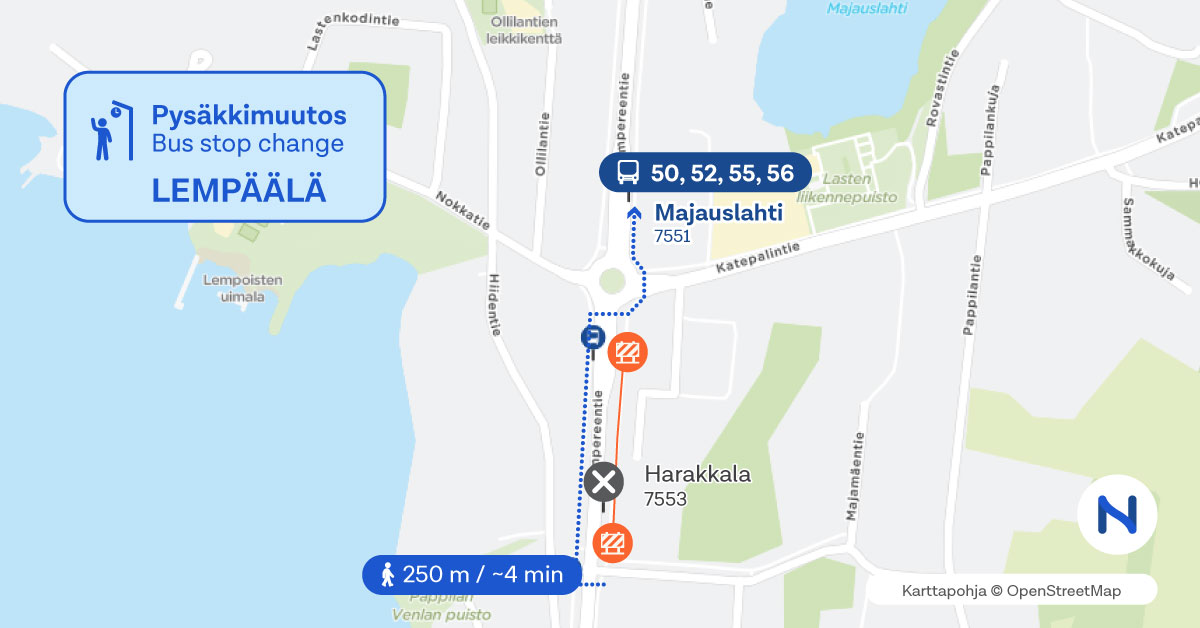 Pysäkit kartalla.
