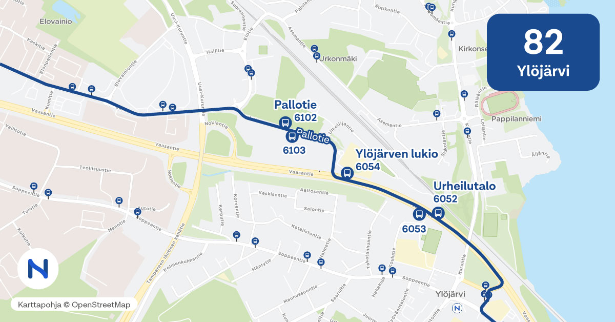 Linjan 82 uusi reitti ja pysäkit kartalla.