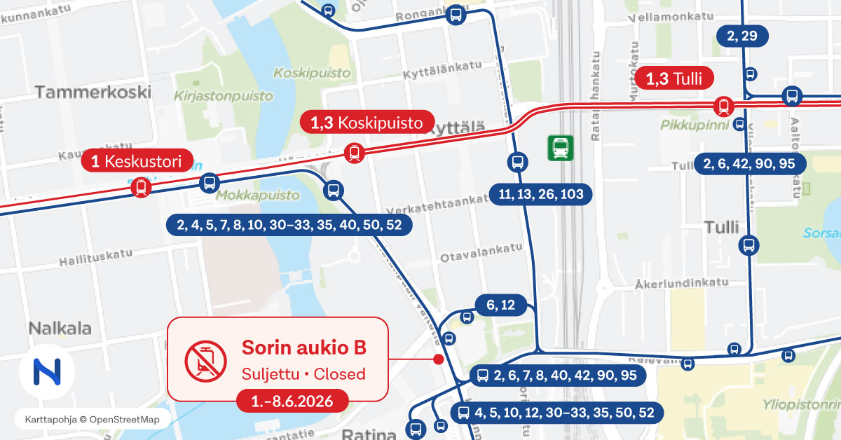 Tampereen ydinkeskustan ratikka- ja bussireitit kartalla.
