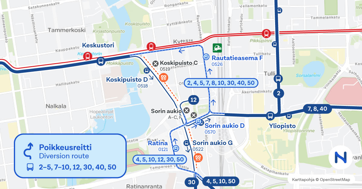 Poikkeusreitit ja pysäkit kartalla.