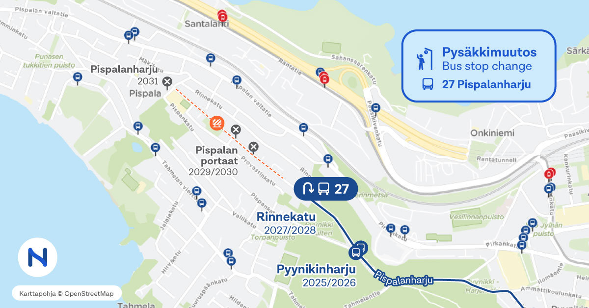 Reitti ja pysäkit kartalla.