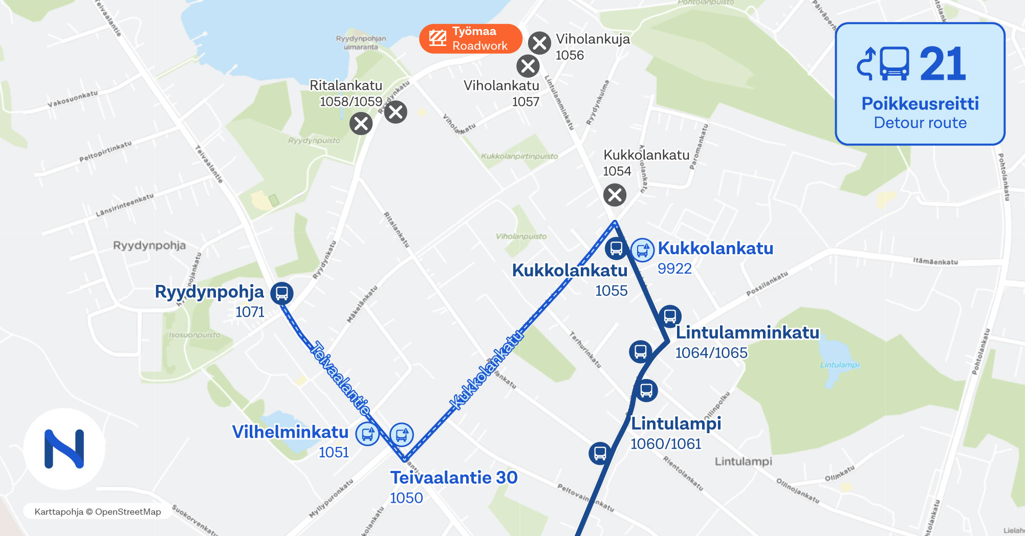 reitit ja pysäkit kartalta.