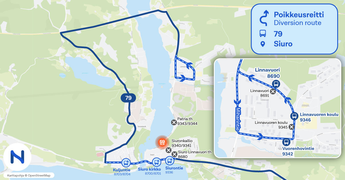 reitit ja pysäkit kartalta.