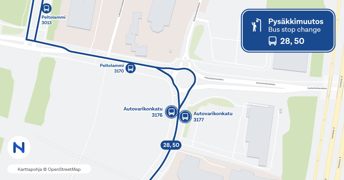 reitit ja pysäkit kartalta. Uudet Autovarikonkadun pysäkit sijaitsevat Peltolammi- ja Pähkinämäenkatu-pysäkkien välissä. Bussimatka nykyisiltä pysäkeiltä uusille pysäkeille kestää alle minuutin molempiin suuntiin. Varaudu pyytämään pysäkkiä ajoissa.