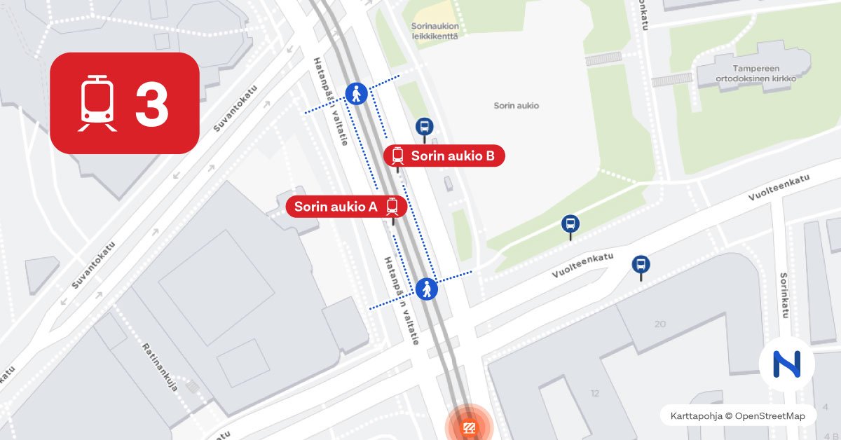 Pysäkit Sorin aukio A ja B kartalla.