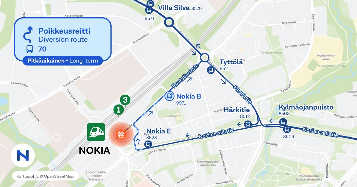 Reitti ja pysäkit kartalla.