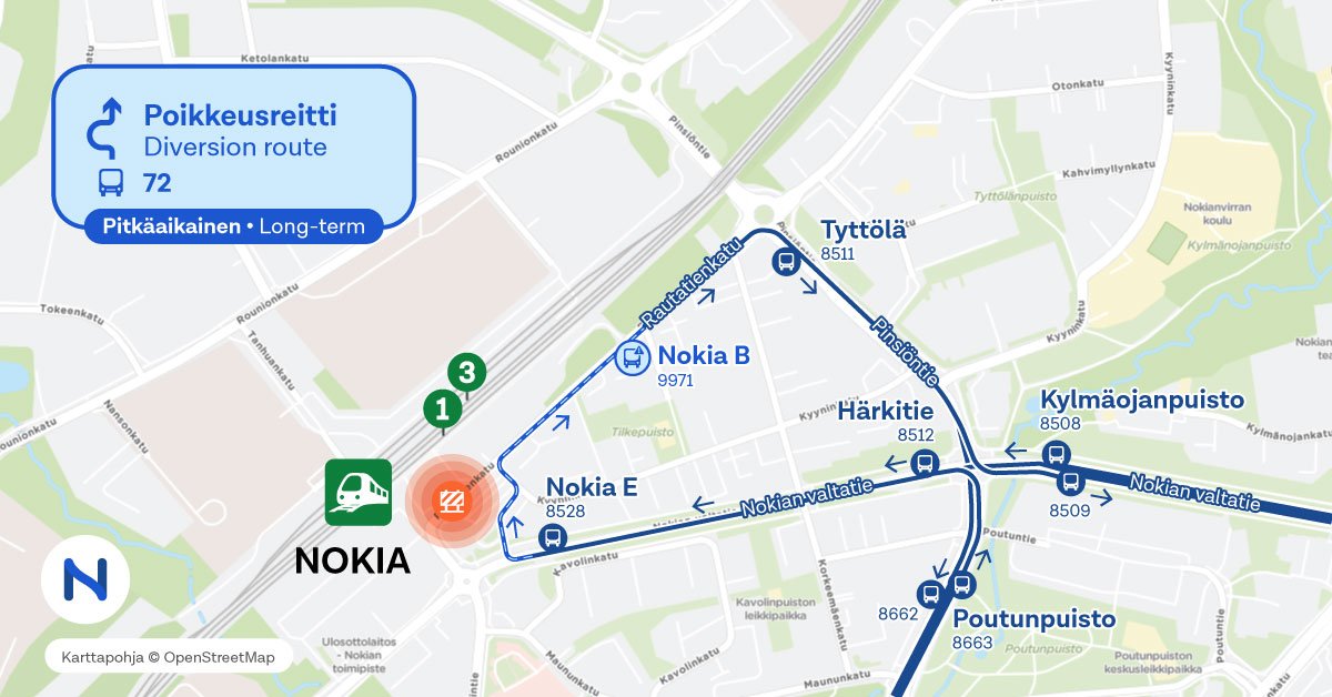Reitti ja pysäkit kartalla.