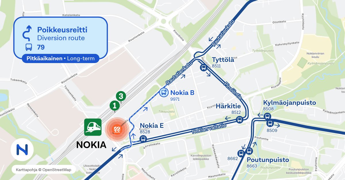 Reitit ja pysäkit kartalla.