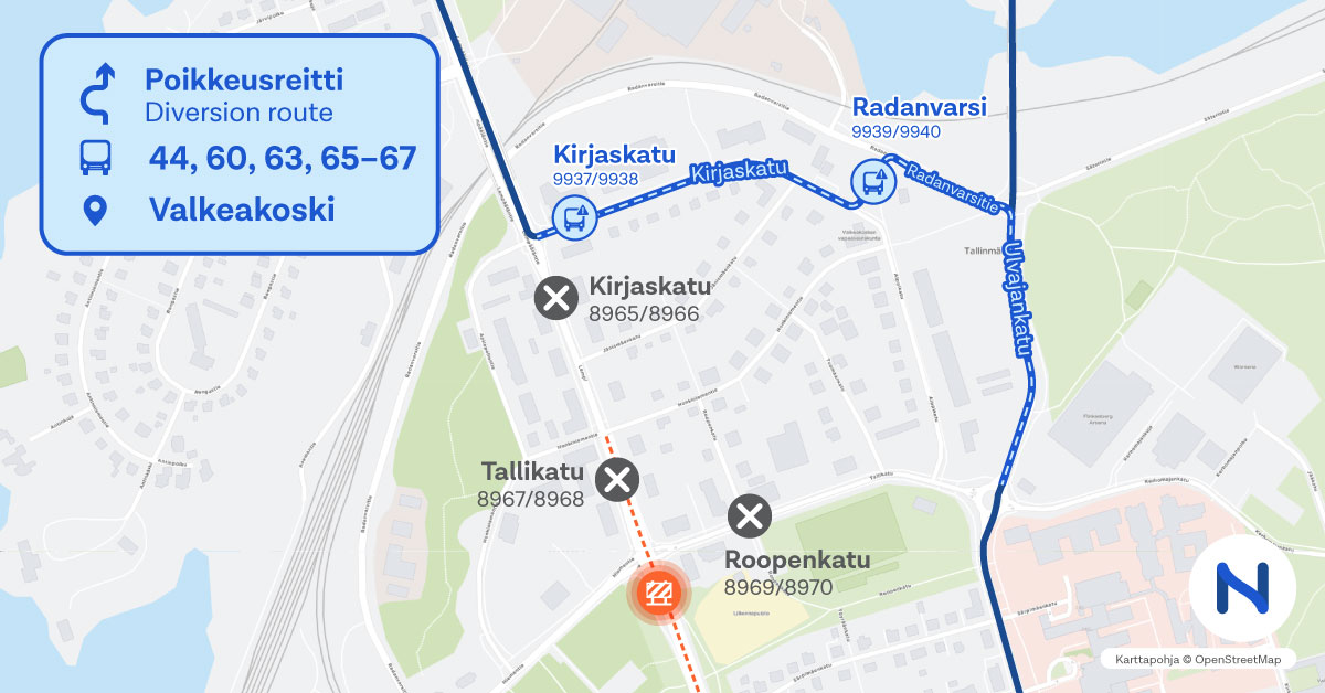 Poikkeusreitti ja pysäkit kartalla.
