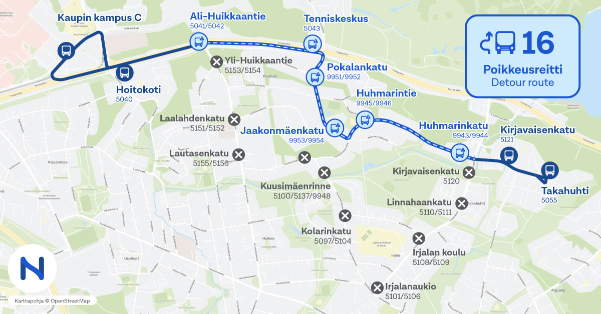 reitit ja pysäkit kartalta.