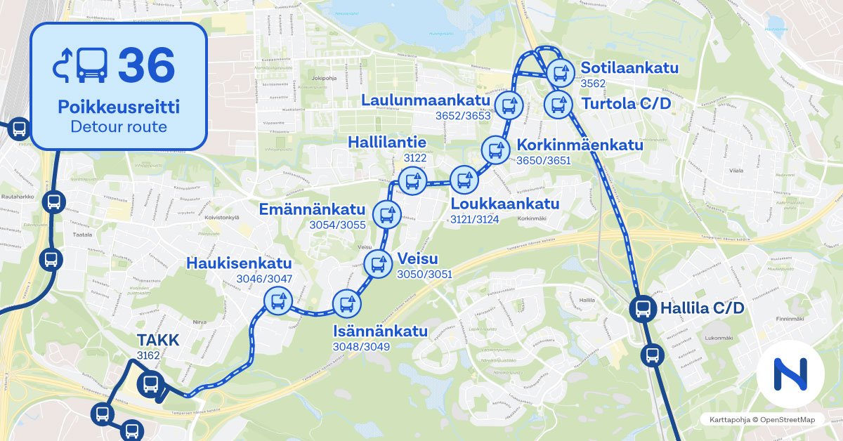 reitit ja pysäkit kartalta.