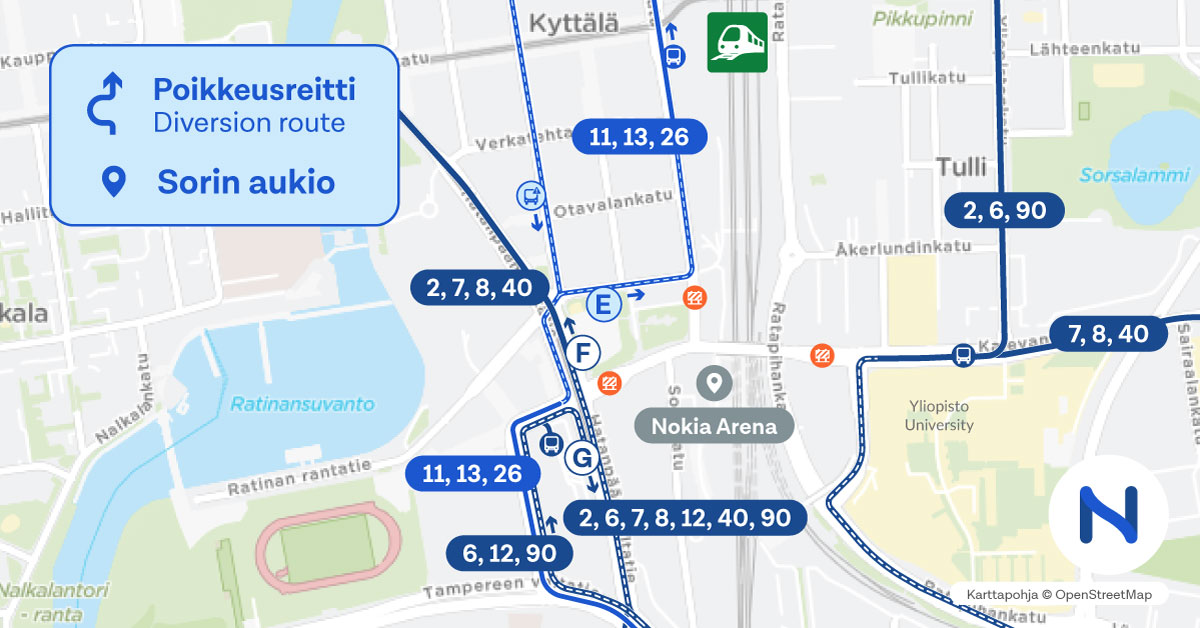 Poikkeusreitit kartalla.