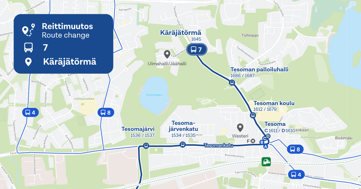 Linjan 7 Tesoman alueen reitti, pysäkit ja vaihtoyhteydet kartalla.