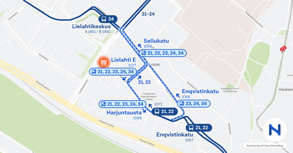 Poikkeusreitit ja pysäkit kartalla.