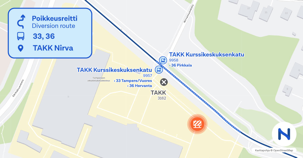 Reitti ja pysäkit kartalla.