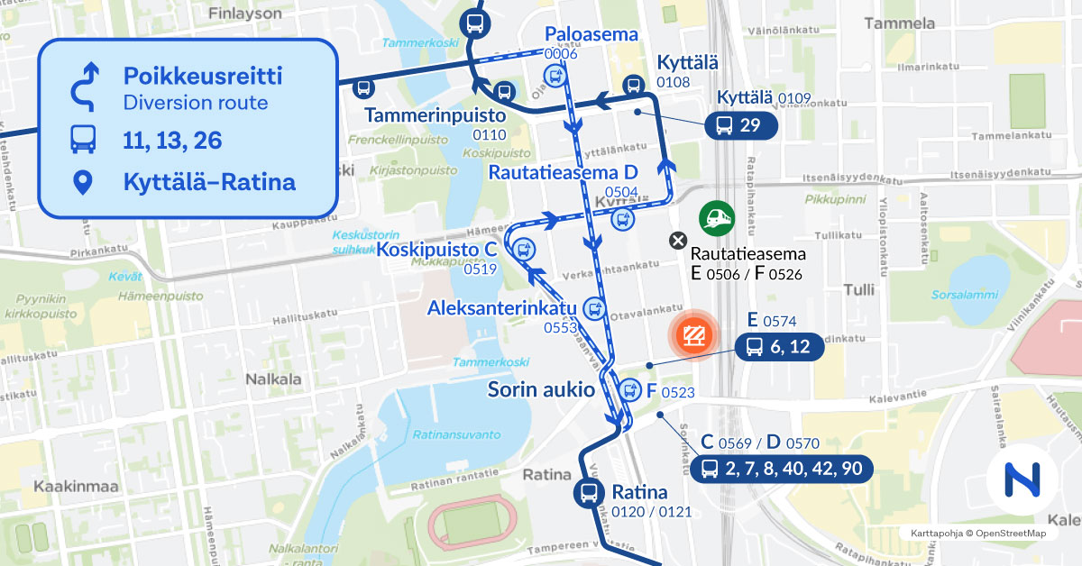 Poikkeusreitit ja pysäkit kartalla.