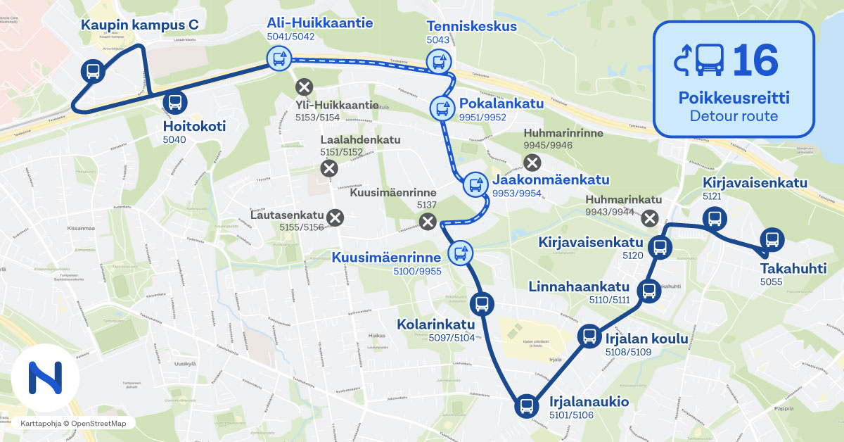 Poikkeusreitti ja pysäkit kartalla.