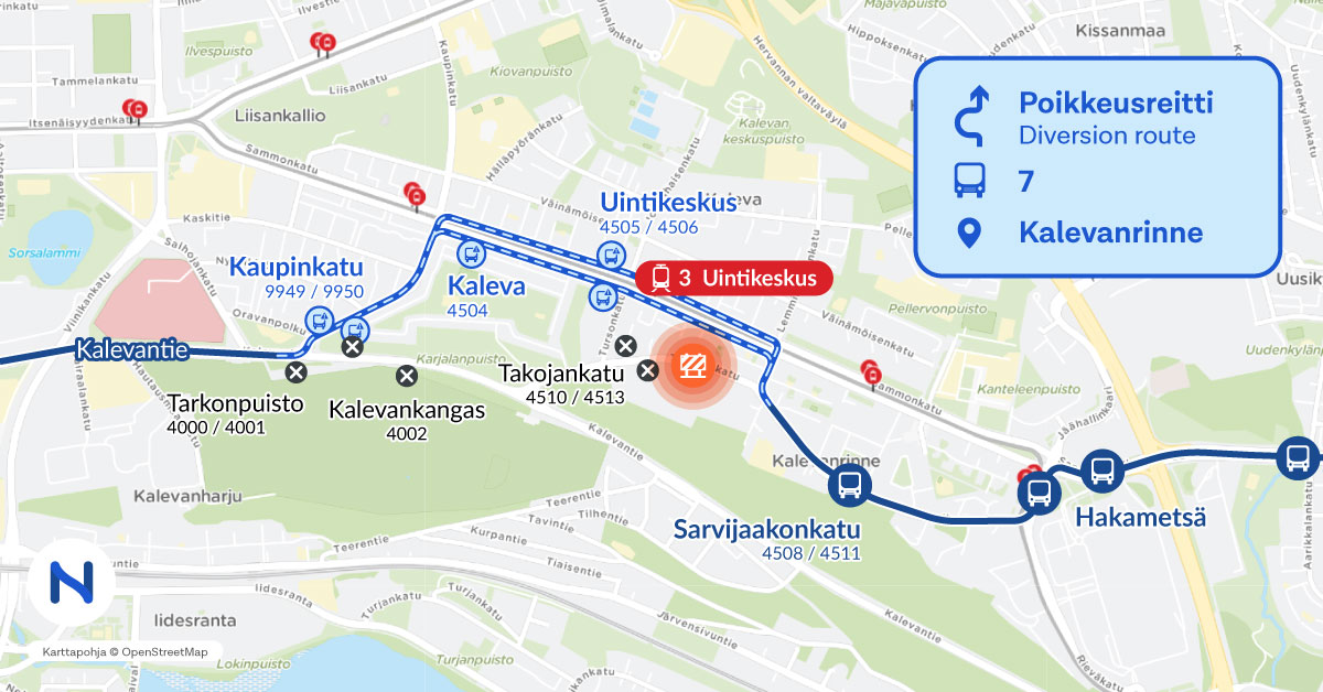 Diversion route and stops on a map.