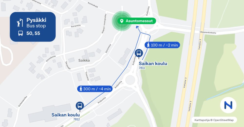 Pysäkit Saikan koulu ja kävelymatkat kartalla.