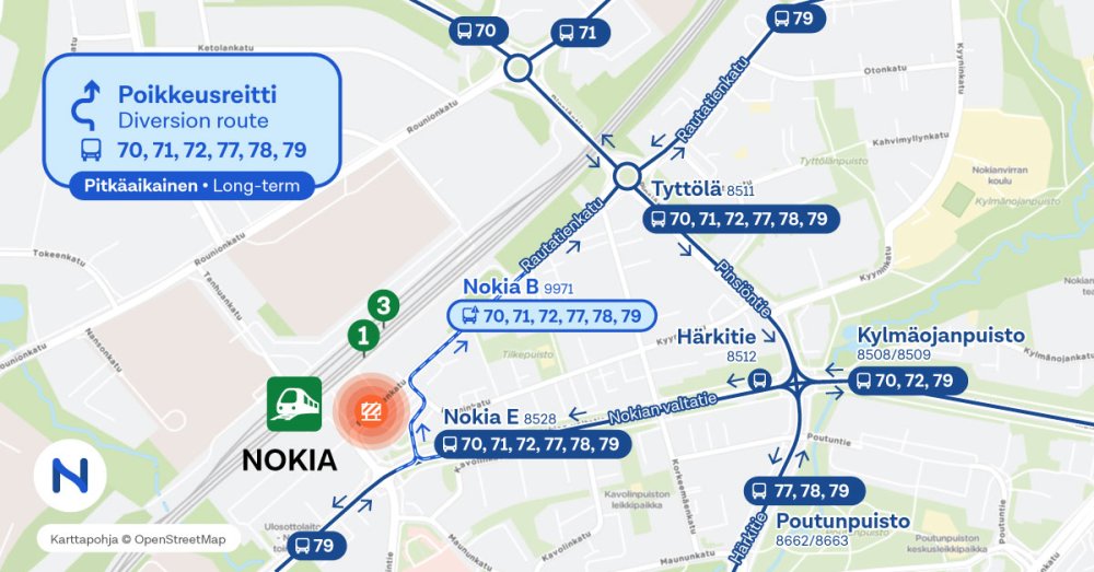 Pysäkit ja reitit kartalta.