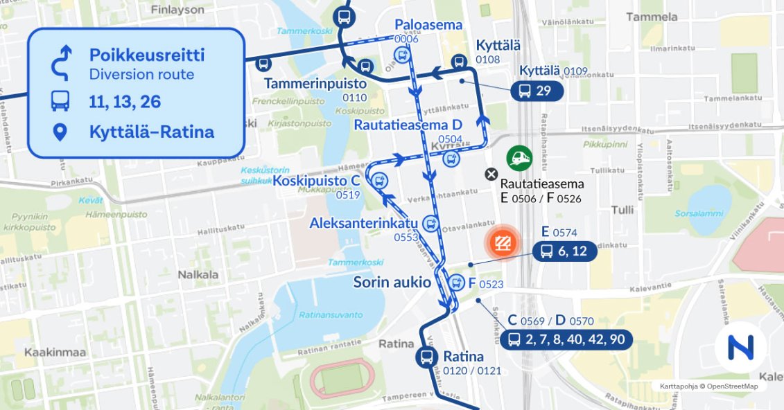 Diversion route and stops on a map.