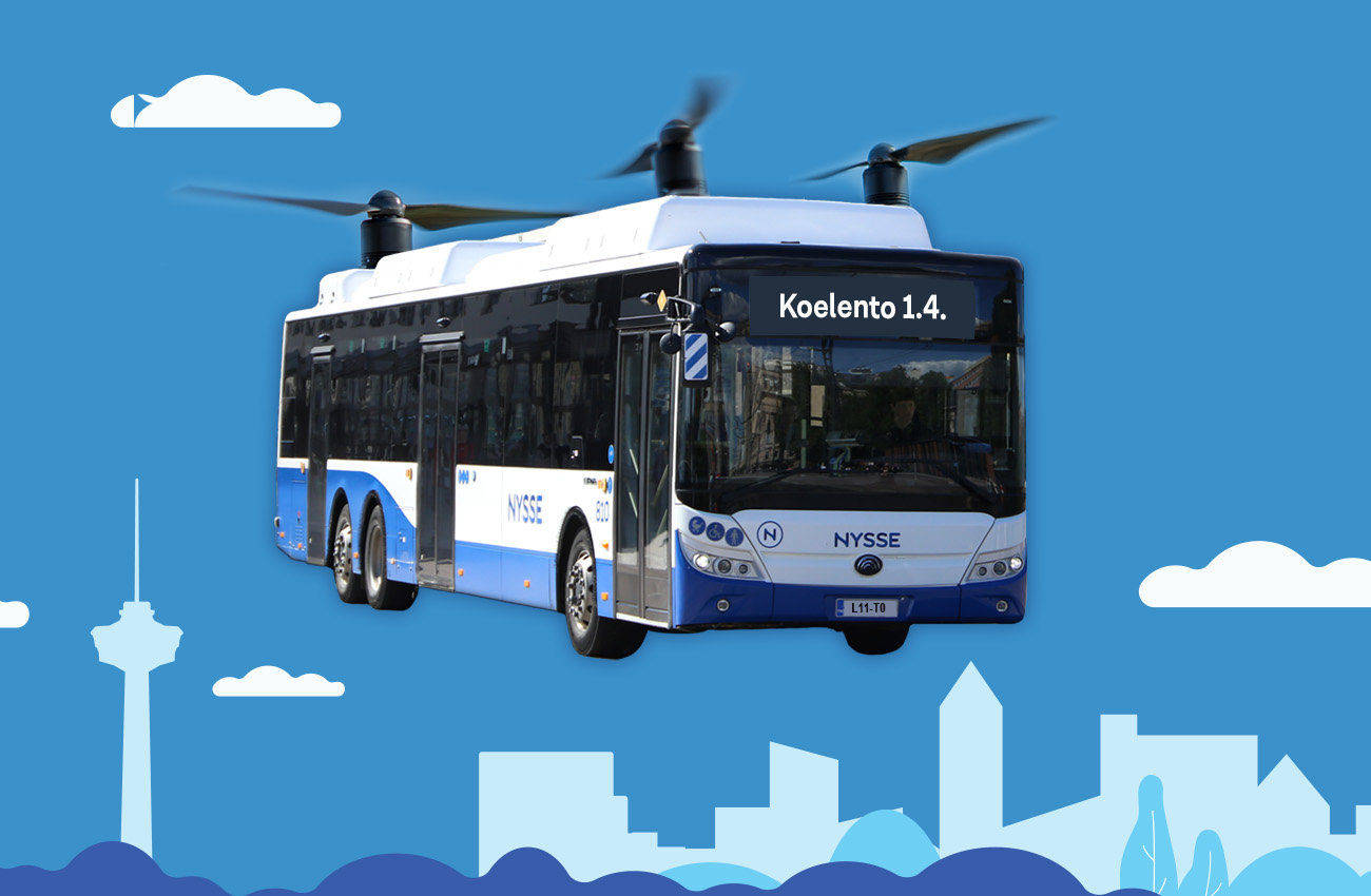 Nyssen lentobussissa on kolme suurta ropellia katolla, havainnekuva. 